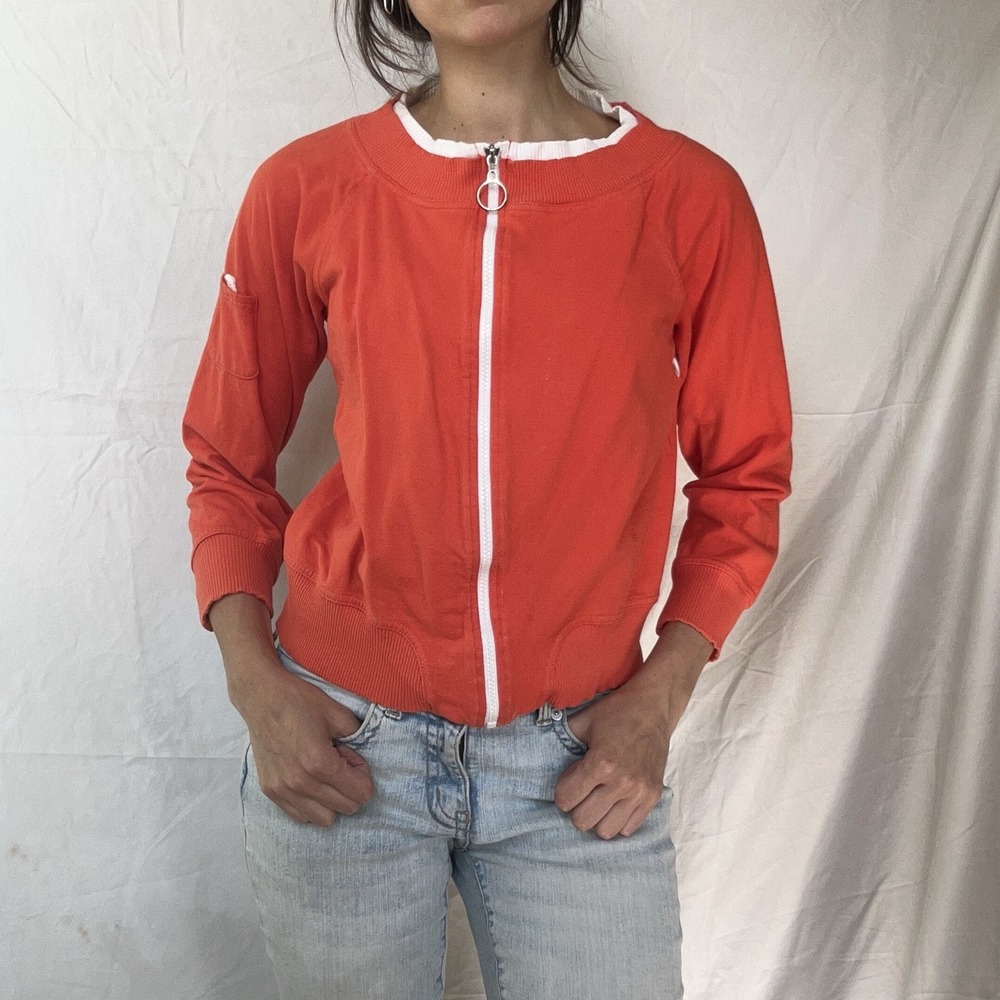 Vintage Orange Full Zip Up Sweater Cotton Nautical Coastal Beach 90s Colorful